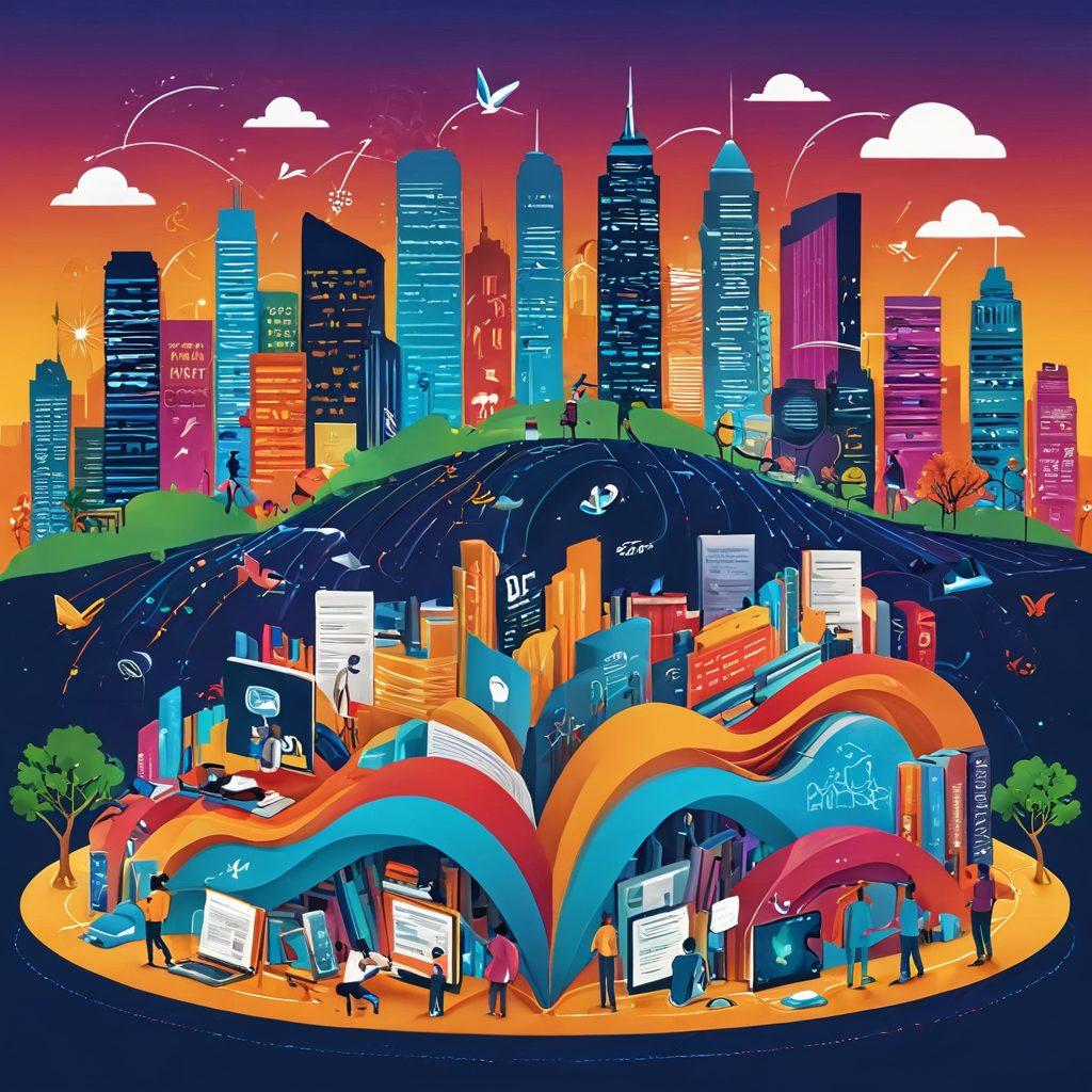 A dynamic digital landscape showcasing diverse figures engaged in storytelling through various online platforms, with colorful icons representing blogs, social media, and podcasts. The backdrop features a vibrant city skyline made of books and devices, symbolizing knowledge and connectivity. Light trails weave through the scene portraying the flow of ideas and creativity. Emanate a feeling of community and collaboration. super-realistic. vibrant colors. 3D.