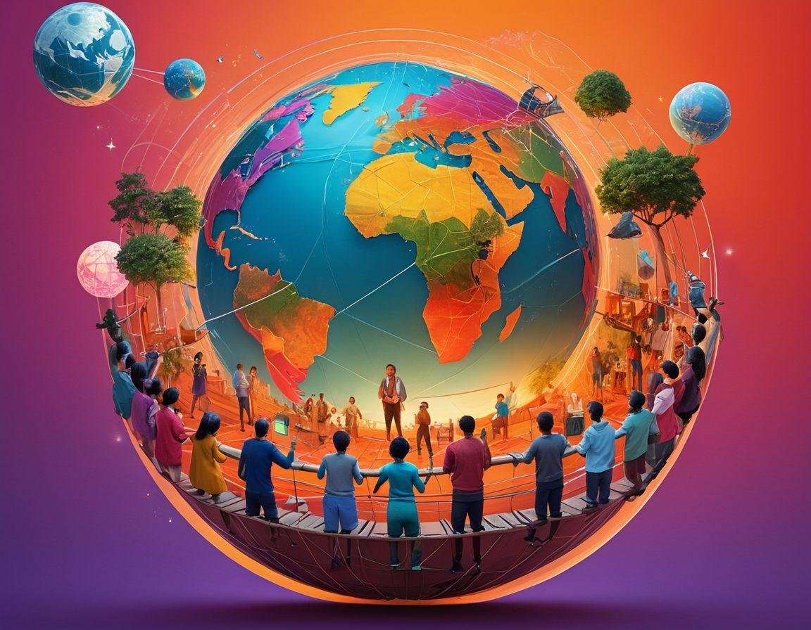 A captivating digital collage featuring a diverse group of storytellers sharing their narratives through various media—blogs, podcasts, and videos. In the backdrop, imagery of a glowing globe symbolizes global connection, with lines intertwining representing the flow of ideas across cultures. Bright colors and whimsical elements evoke inspiration and creativity. super-realistic. vibrant colors. 3D.