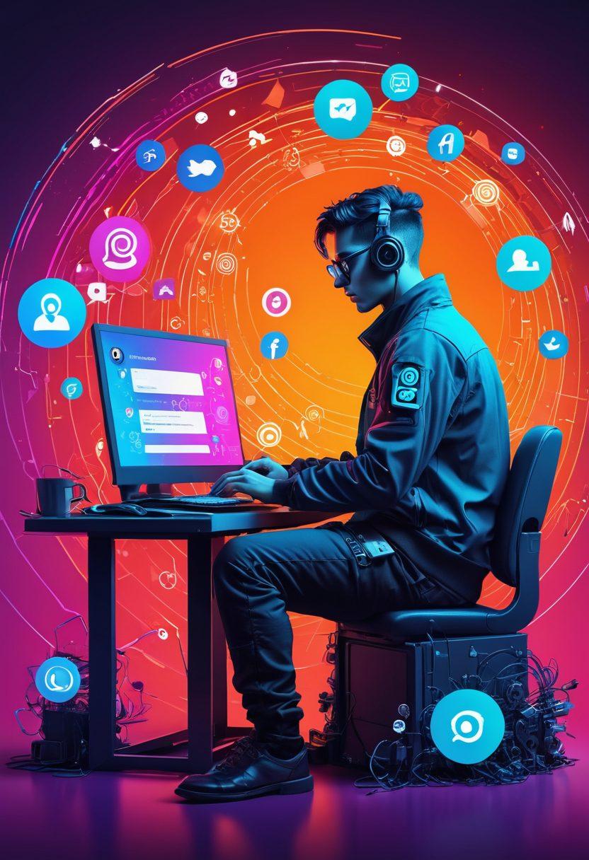 A vibrant and dynamic illustration showcasing a person sitting at a computer, surrounded by various social media icons and pathways representing content distribution. Include symbols of collaboration, like gears and interconnected networks, to emphasize strategy. The background should feature elements of a digital landscape with bright colors, embodying the transition from a personal blog to a thriving blogging network. cyberpunk style. vibrant colors. 3D.